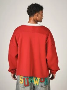 SUMWON Oversized Cropped V-Neck Sweatshirt With Varsity Number 00 Print And Script Logo Pullover Casual Street Style Long Sleeve Top - Red - View 2