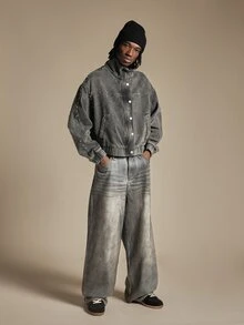 SUMWON Studded Denim Bomber Jacket Oversized Fit With Ribbed Hem Vintage Wash Metal Stud Embellishments Long Sleeve Casual Outerwear - Grey - View 4