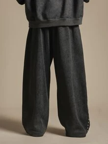 SUMWON Washed Wide Leg Sweatpants With Side Metal Stud Detail And Embroidered Logo Perfect For Casual Everyday Wear - Black - View 4