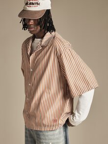 SUMWON Striped Camp Collar Short Sleeve Boxy Crop Shirt With Oversized Number 9 Back Graphic Print Summer Holiday Beach Casual Button-Down Top - Coffee Brown - View 2
