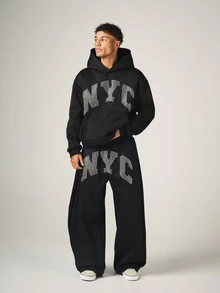 SUMWON NYC Rhinestone Star Studded Wide Leg Sweatpants With Elastic Waist And Patch Pocket Fall Winter Street Style - Black - View 3