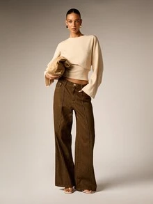 AiiRZ Ribbed Knit Batwing Long Sleeve Crop Sweater Solid Crew Neck Relaxed Fit Fall Winter Cozy Pullover Top - Apricot - View 4