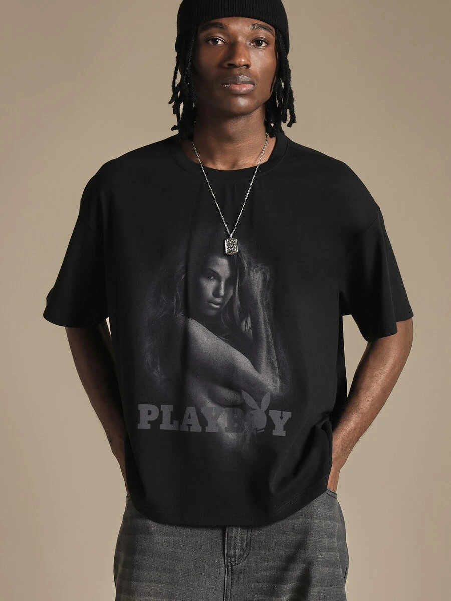 PLAYBOY X SUMWON Bunny Photographic Graphic Print Crew Neck Boxy Crop Short Sleeve T-Shirt With Logo Text Summer Festival Tee - Black - View 1
