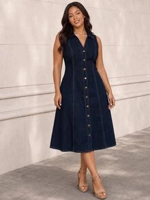 ELLERISSA Plus Size Women's Single-Breasted Casual Daily Summer Denim Dress - Dark Wash - View 1