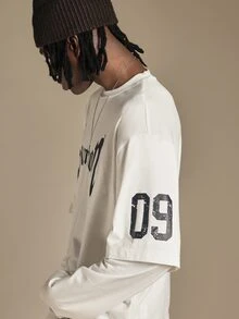 SUMWON Gothic Blackletter Logo Long Sleeve Layered Tee Crew Neck Boxy Fit With Sleeve Number Print Street Style Top - White - View 6