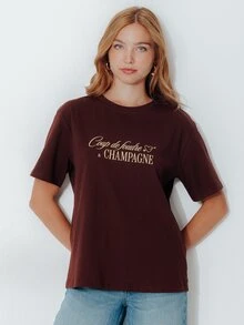 Pimkie Edition Women's Letter Print Round Neck Short Sleeve Casual T-Shirt - Coffee Brown - View 1