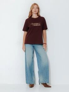 Pimkie Edition Women's Letter Print Round Neck Short Sleeve Casual T-Shirt - Coffee Brown - View 5