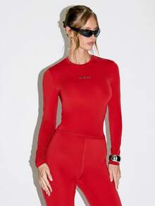 KIZN Long Sleeve Crew Neck Fitted Bodysuit Top With Metallic Logo Detail Slim Stretch Second Skin Layer Holiday Party Essential - Red - View 5