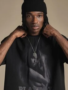PLAYBOY X SUMWON Bunny Photographic Graphic Print Crew Neck Boxy Crop Short Sleeve T-Shirt With Logo Text Summer Festival Tee - Black - View 4