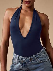 MISSGUIDED Deep V-Neck Halter Neck Bodysuit With Open Back And Sleeveless Design For Party Nights And Summer Occasions - Navy Blue - View 7