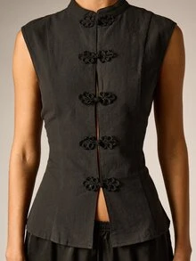 AiiRZ Sleeveless Mandarin Collar Linen Feel Vest Top With Ornate Chinese Frog Button Closures Fitted Silhouette Summer Festival Style - Black - View 2