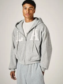 SUMWON LA Graphic Full-Zip Boxy Crop Hoodie With Oversized Hood And Drawstring Split Centre Pocket Casual Street Style Fall Winter - Grey - View 1