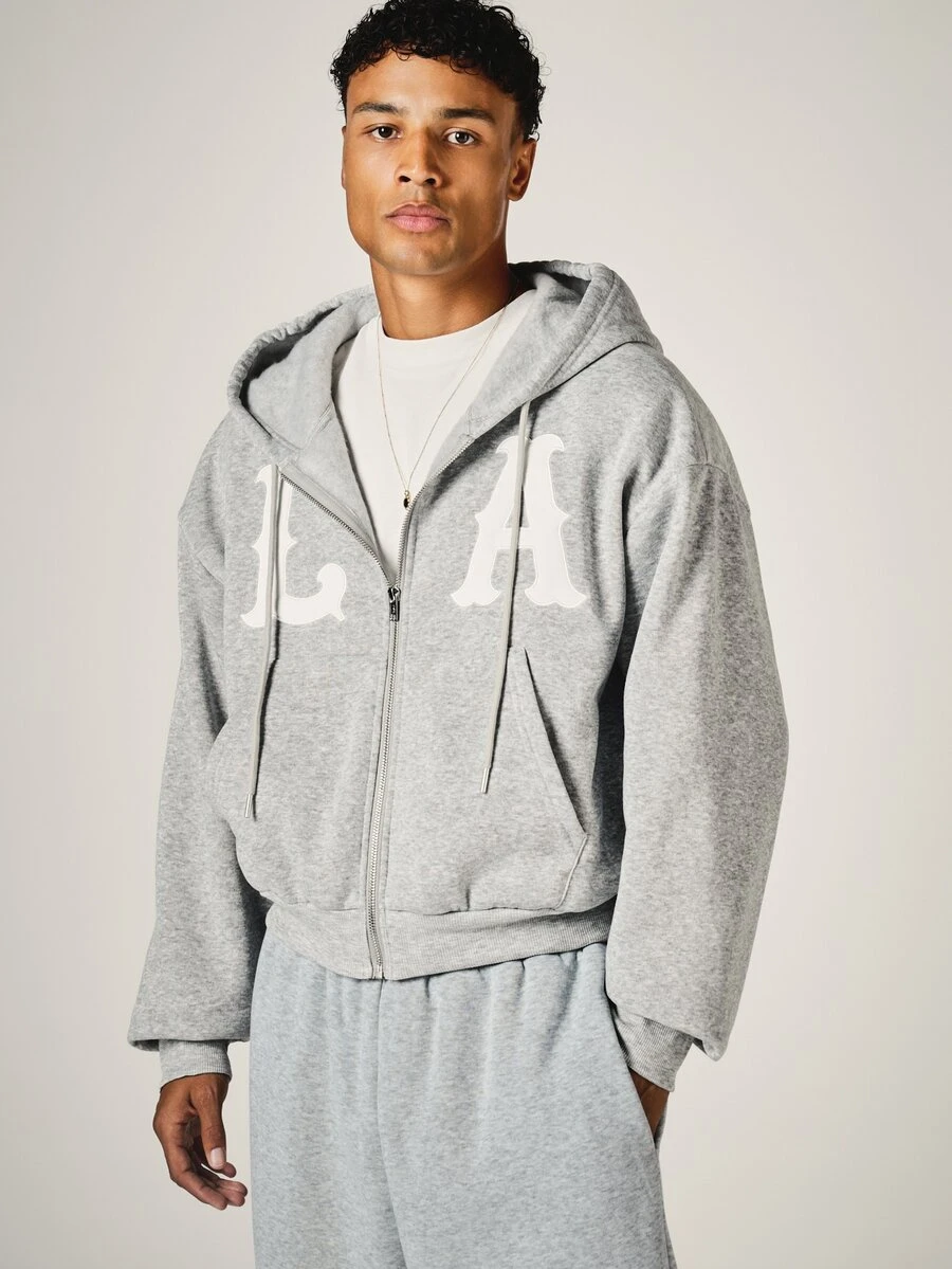 SUMWON LA Graphic Full-Zip Boxy Crop Hoodie With Oversized Hood And Drawstring Split Centre Pocket Casual Street Style Fall Winter - Grey - View 1