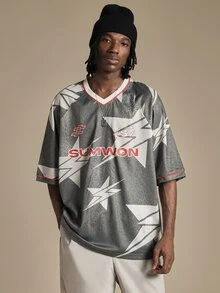 SUMWON Boxy Fit Oversized V-Neck Mesh Jersey Top With Star Abstract AOP Print And Red Logo Detail - Multicolor - View 1