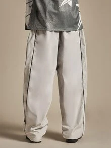 SUMWON Wide Leg Track Pants With Contrast Piping And Cursive Script Leg Print Relaxed Fit Full Length Trousers - Light Grey - View 4