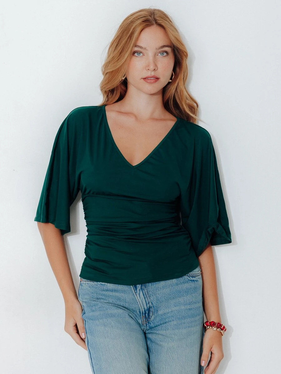 Pimkie Edition Women's Solid Color V-Neck Short Sleeve Pleated Casual Top - Army Green - View 1