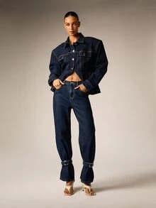 AiiRZ Dark Wash High Rise Straight Leg Jeans With Statement Buckle Cuff Detail And Flared Hem For Fall Winter - Dark Wash - View 5
