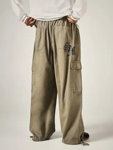 SUMWON Wide Leg Cargo Pants With Embroidered Logo Elastic Waist Drawstring Washed Finish Utility Pockets Full Length Street Style - Green - View 2