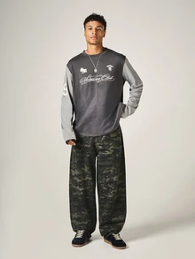 SUMWON Club Oversized Long Sleeve Color Block Tee With Script Logo Chest Print And Sleeve Number Graphic Detail - Grey - View 3