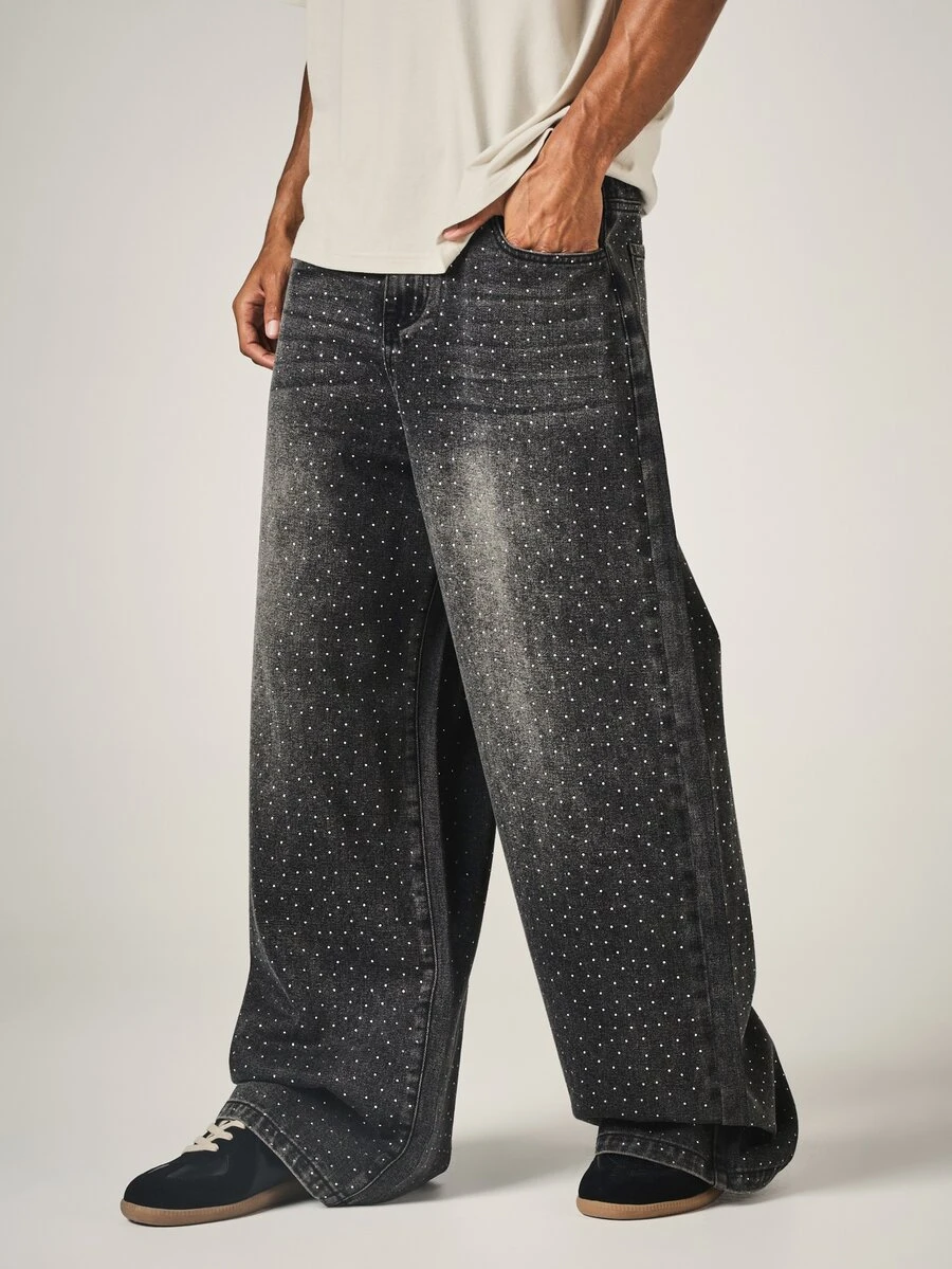 SUMWON Wide Leg Baggy Rhinestone Embellished Dark Wash Denim Jeans With All Over Crystal Studs Vintage Style Fall Winter Statement Pants - Black - View 1