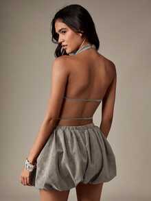 MISSGUIDED Faux Suede Halter Neck Top With Bubble Mini Skirt With Cowl Drape Front Open Back Strappy Detail And Balloon Hem - Grey - View 2
