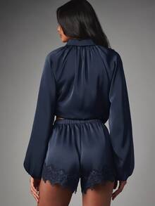 MISSGUIDED Satin Zip-Up Romper With Lace Trim Shorts And Drawstring Waist - Long Balloon Sleeve Playsuit For Fall - Navy Blue - View 5