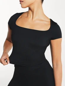 11SKNDS Square Neck Cap Sleeve Crop Top Fitted Slim Stretch Knit Tee Summer Everyday Essential Wardrobe Staple With Sweat-Wicking, Breathable, Quick-Dry & Buttery-Soft, For Gym Workout Fitness Yoga Pilates Studio, Running, Training & Hy-Rox - Black - View 1