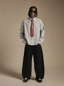 SUMWON Vertical Striped Oversized Long Sleeve Collared Shirt With Button Cuffs Smart Casual Everyday Style - Grey - View 3