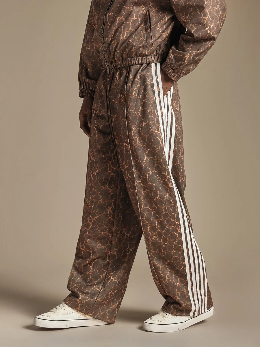 SUMWON Wide Leg Track Pants With Abstract AOP Print And Contrast Side Stripe Detail Full Length Drawstring Waist - Brown - View 1