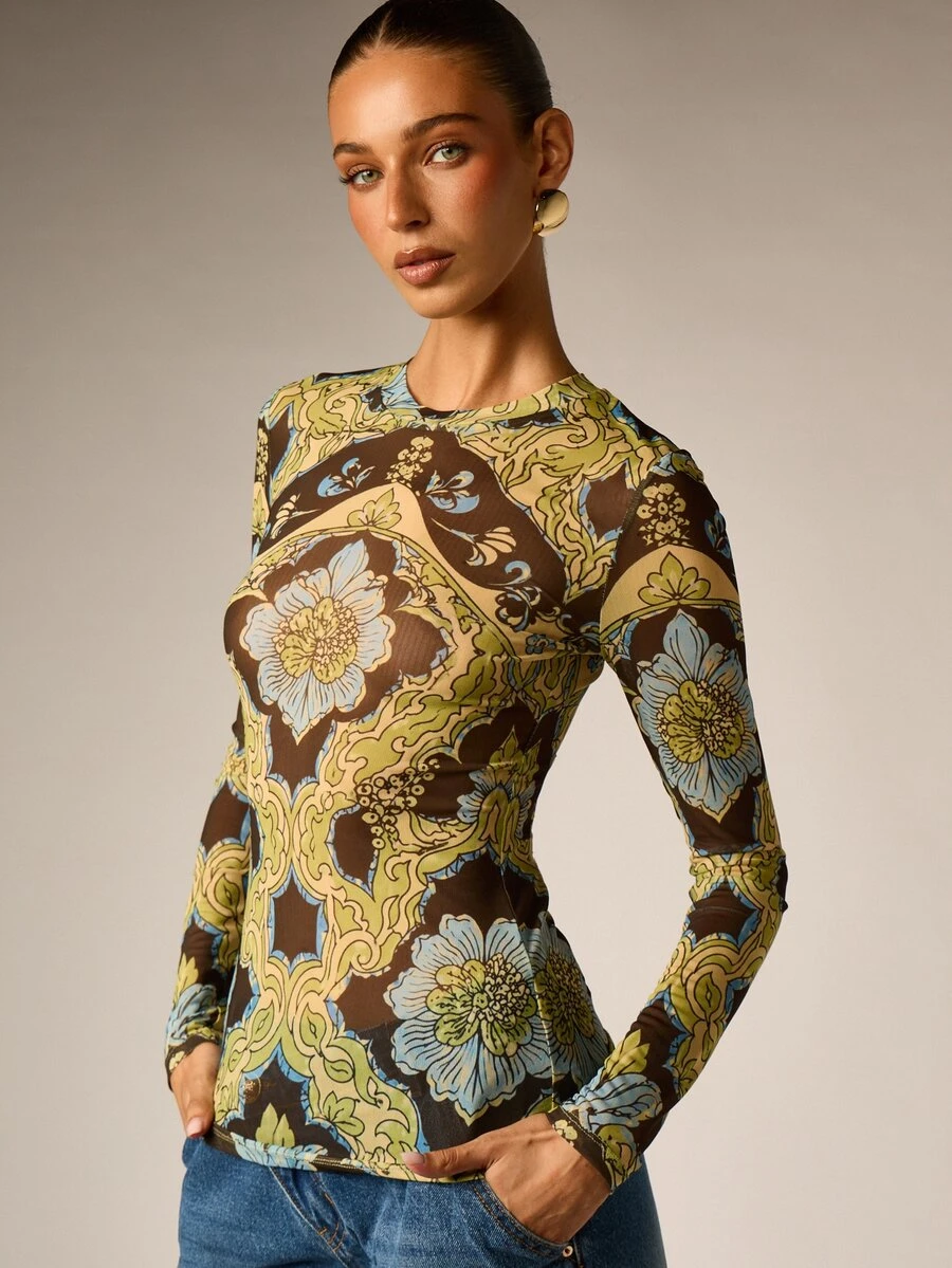 AiiRZ Retro Floral Baroque Print Mesh Long Sleeve Crew Neck Fitted Top Vintage Boho Festival Style Sheer Layer - Brown - View 1