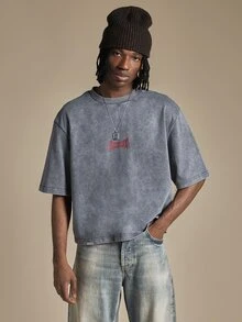SUMWON Acid Washed Boxy Crop Graphic Tee Short Sleeve Crew Neck Skeleton Horseman Back Print Street Style T-Shirt - Grey - View 2