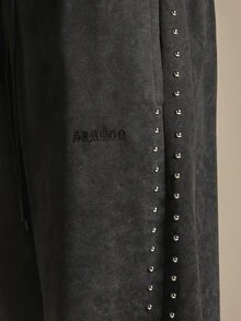 SUMWON Washed Wide Leg Sweatpants With Side Metal Stud Detail And Embroidered Logo Perfect For Casual Everyday Wear - Black - View 5