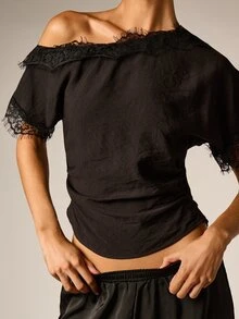 AiiRZ Off-Shoulder Lace Trim Crop Blouse With Ruched Waist And Fringe Detail Short Sleeve Summer Party Top - Black - View 2
