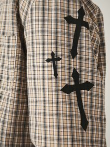 SUMWON Gothic Cross Applique Plaid Flannel Shirt Oversized Long Sleeve Button Down Collared Top With Sleeve Detail - Multicolor - View 6
