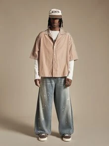 SUMWON Striped Camp Collar Short Sleeve Boxy Crop Shirt With Oversized Number 9 Back Graphic Print Summer Holiday Beach Casual Button-Down Top - Coffee Brown - View 3