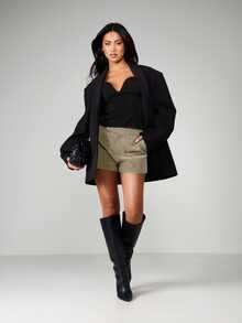 MISSGUIDED Faux Suede High Waist Mini Shorts With Front Seam Detail And Clean Hem Perfect For Fall Transition Layering And Night Out - Flint Stone - View 3
