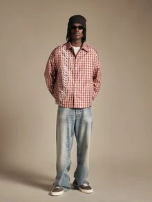 SUMWON Club Plaid Checked Oversized Long Sleeve Button-Up Shirt With Script Logo Print Front Fall Winter Casual Streetwear - Red - View 3