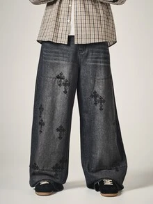 SUMWON Wide Leg Baggy Jeans With Gothic Cross Embroidery Washed Denim Pant Patch Pockets Full Length Streetwear Style - Grey - View 1