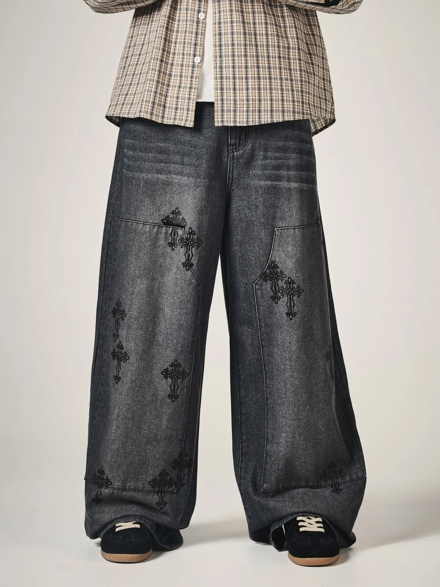 SUMWON Wide Leg Baggy Jeans With Gothic Cross Embroidery Washed Denim Pant Patch Pockets Full Length Streetwear Style - Grey - View 1