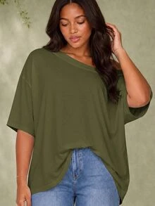 ELLERISSA Plus Size Army Green Off Shoulder Short Sleeve T Shirt - Army Green - View 3