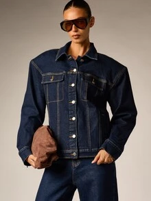 AiiRZ Classic Dark Wash Trucker Denim Jacket With Chest Patch Pockets Button Closure Contrast Stitching Hip Length Fall Winter Outerwear - Blue - View 1
