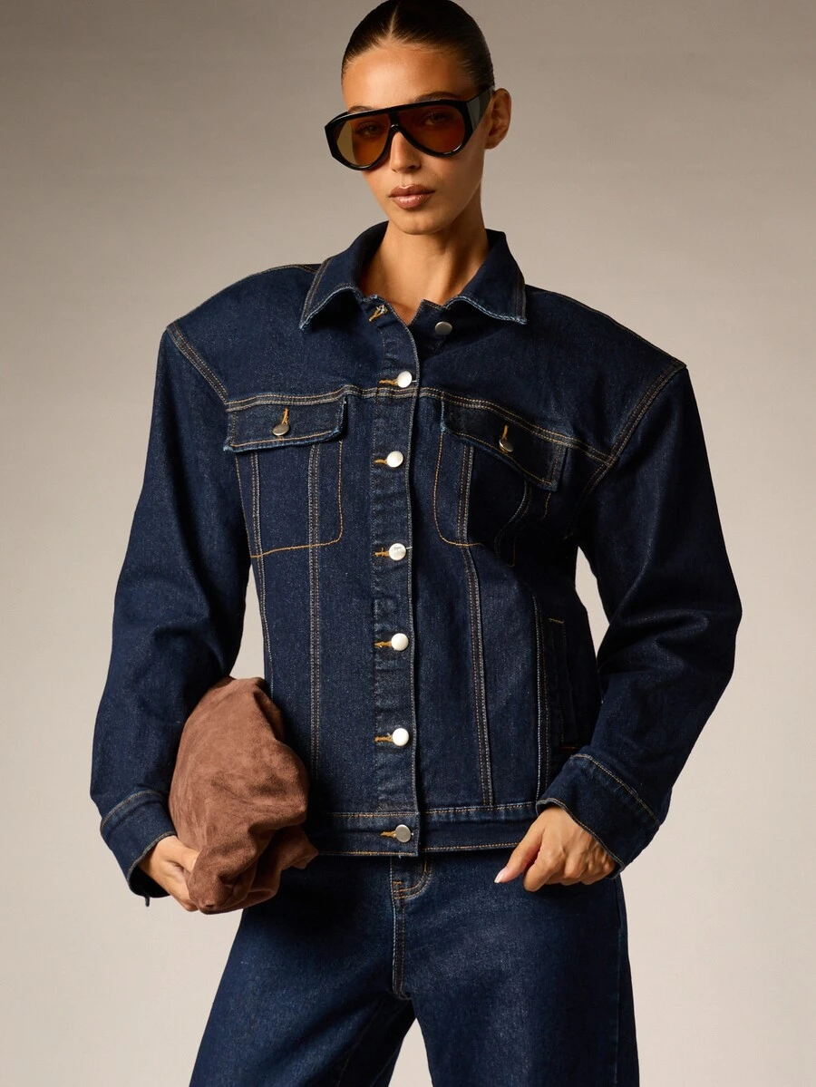 AiiRZ Classic Dark Wash Trucker Denim Jacket With Chest Patch Pockets Button Closure Contrast Stitching Hip Length Fall Winter Outerwear - Blue - View 1