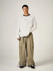 SUMWON Wide Leg Cargo Pants With Embroidered Logo Elastic Waist Drawstring Washed Finish Utility Pockets Full Length Street Style - Green - View 3