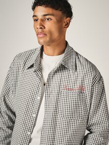 SUMWON Gingham Check Cropped Shirt With Cursive Embroidery Chest Detail Long Sleeve Spread Collar Button-Down Overshirt - Grey - View 4