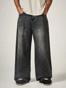 SUMWON Wide Leg Baggy Rhinestone Embellished Dark Wash Denim Jeans With All Over Crystal Studs Vintage Style Fall Winter Statement Pants - Black - View 4
