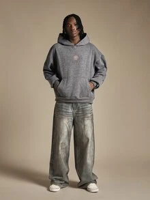 SUMWON Oversized Acid Washed Hoodie With Busy Doing Nothing Back Slogan Print And Chest Logo - Grey - View 3