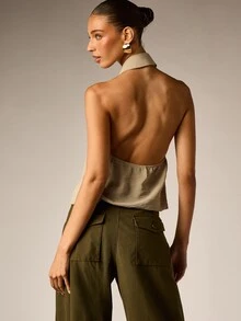 AiiRZ Collared Halter Neck Tie Front Open Back Cropped Blouse Sleeveless Summer Night Out Top - Green - View 2