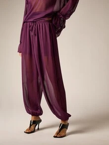 AiiRZ Sheer Chiffon Harem Pants With Elasticated Waist Drawstring And Gathered Ankle Cuffs Flowy Bohemian Style Summer Festival Trousers - Purple - View 5