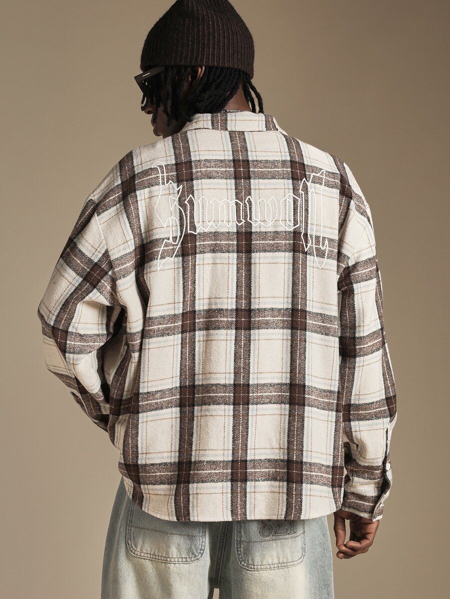 SUMWON Oversized Plaid Flannel Overshirt With Gothic Back Embroidery Long Sleeve Button-Front Winter Shirt - Multicolor - View 1