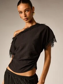 AiiRZ Off-Shoulder Lace Trim Crop Blouse With Ruched Waist And Fringe Detail Short Sleeve Summer Party Top - Black - View 5